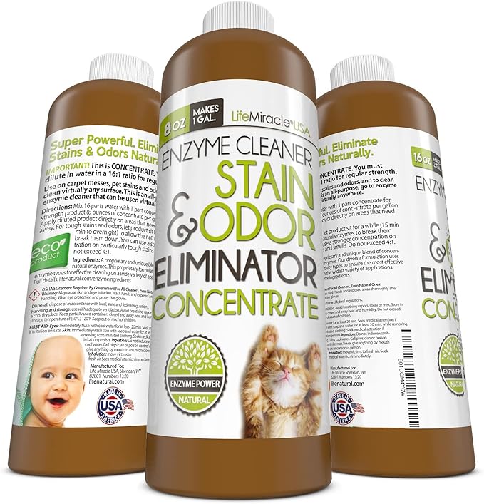Life Miracle Enzyme Cleaner & Pet Odor Eliminator CONCENTRATE | Deep Cleaning Enzymatic Spot Remover For Dog Cat Urine, Rug, Carpet, Upholstery & Car Stains & Smells | Makes 128 oz | Made In the USA
