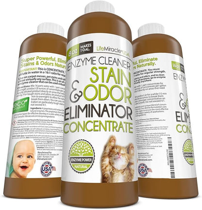 Life Miracle Enzyme Cleaner & Pet Odor Eliminator CONCENTRATE | Deep Cleaning Enzymatic Spot Remover For Dog Cat Urine, Rug, Carpet, Upholstery & Car Stains & Smells | Makes 128 oz | Made In the USA