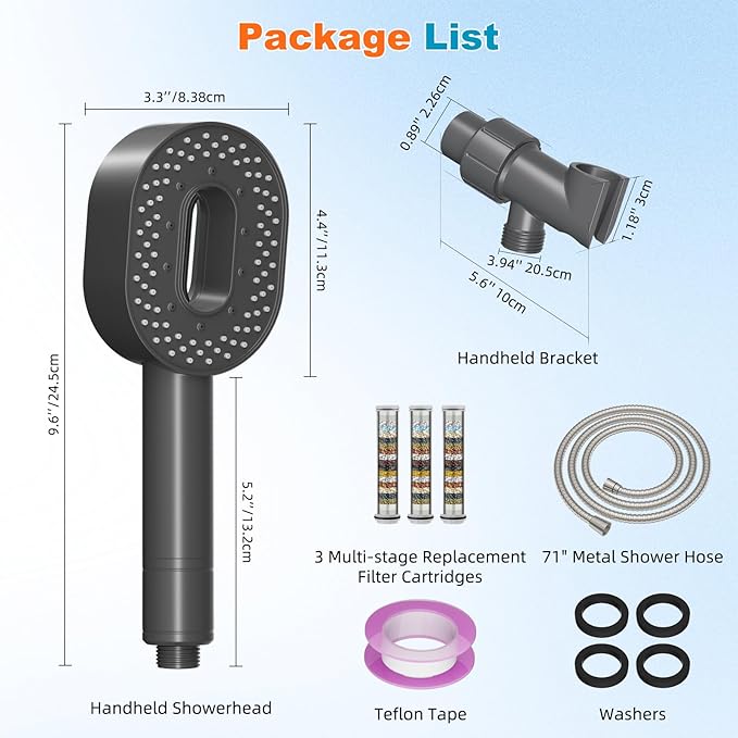 Hibbent Filtered Showerhead with handheld, High Pressure 5 Sprays Shower Head, Anti-clog Nozzles, Brass Holder & 71" Metal Hose, 3 Water Softener Filter Remove Chlorine, Reduce Dry Itchy Skin, Gray
