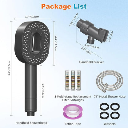 Hibbent Filtered Showerhead with handheld, High Pressure 5 Sprays Shower Head, Anti-clog Nozzles, Brass Holder & 71" Metal Hose, 3 Water Softener Filter Remove Chlorine, Reduce Dry Itchy Skin, Gray