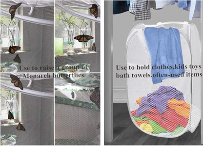 Foldable Mesh Clothes Hampers with Big Pocket Durable Pop-Up Laundry Basket Room Organizer Toy Storage Bins White