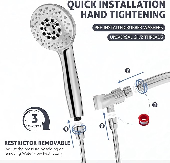 High Pressure Shower Head with Powerful Shower Spray & 59'' Stainless Steel Hose, 5 Spray Modes, Adjustable Bracket and Non-Clogging Nozzles（Chrome）