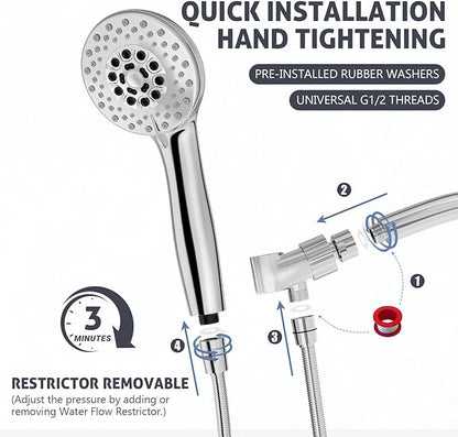 High Pressure Shower Head with Powerful Shower Spray & 59'' Stainless Steel Hose, 5 Spray Modes, Adjustable Bracket and Non-Clogging Nozzles（Chrome）