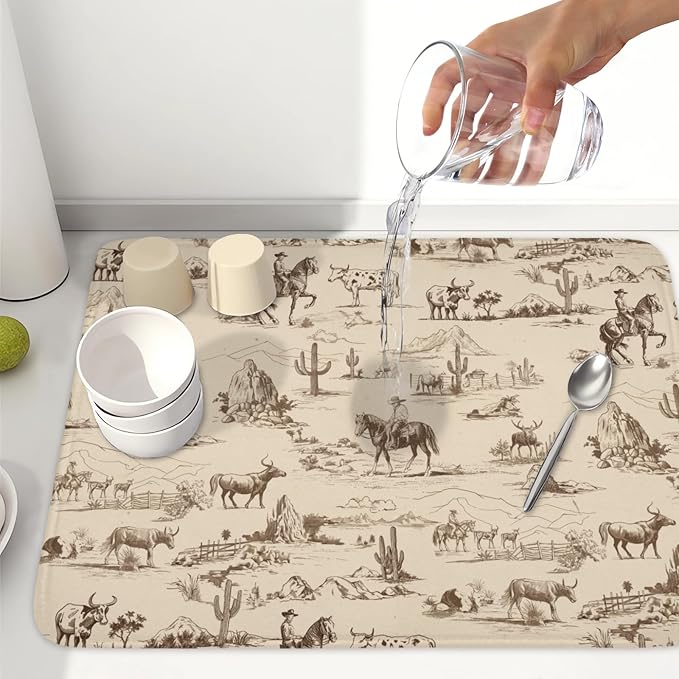 Cowboy Dish Drying Mat 24x18 Inch, West Drying Mat with Absorbent Reversible Microfiber, Cactus Dish Drainer Mats Summer Western Rack Pad for Coffee Countertop Kitchen Protector