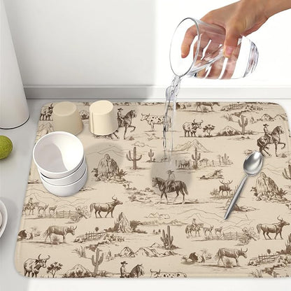 Cowboy Dish Drying Mat 24x18 Inch, West Drying Mat with Absorbent Reversible Microfiber, Cactus Dish Drainer Mats Summer Western Rack Pad for Coffee Countertop Kitchen Protector