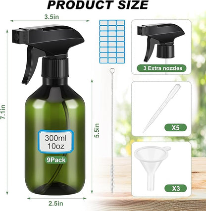 9 Pack 10 oz Plastic Spray Bottle Bulk for Plant Small Spray Bottle Fine Mist Water Sprayer Upgraded Adjustable Nozzle Refillable Empty Containers for Cleaning, Hair, Cooking(Green)