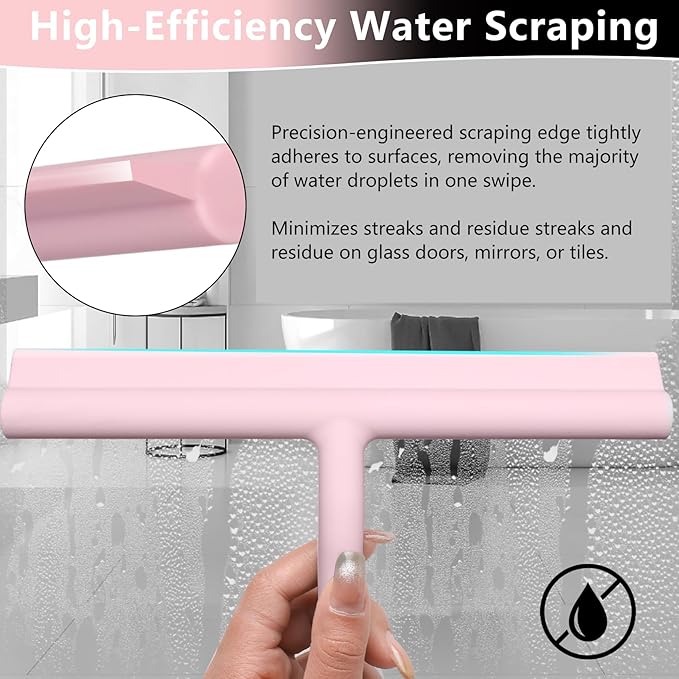 Silicone Shower Squeegee for Glass Doors Window Squeegee for Walls, Sink, Mirror, Bathroom, Car Window Cleaning - Pink