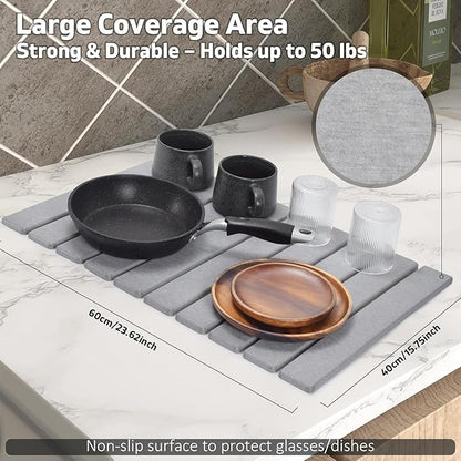 Large Stone Dish Drying Mat for Kitchen Counter, 24"(L)×16"(W), Collapsible Quick Dry Dish Drying Mat, Ultra Absorbent Diatomaceous Earth Mats for Dishes Bottles Cups, Match Any Countertop (Dark Grey)