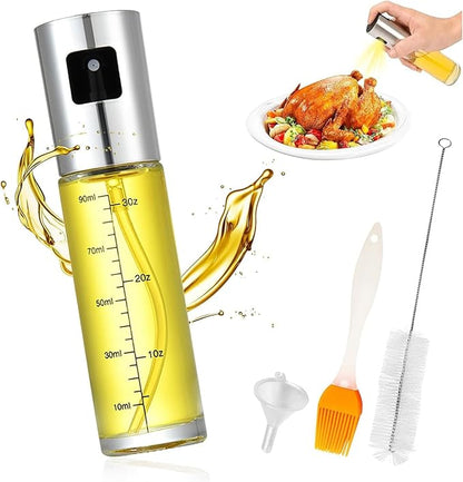 Olive Oil Sprayer for Cooking, 100ml Glass Oil Mister Bottle for Air Fryer, BBQ, Salad & Baking – Fine Mist, Leak-Proof Stainless Steel Dispenser with Brush, Funnel & Cleaning Kit (1 Pack)