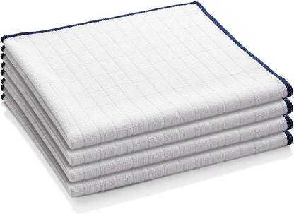 E-Cloth Wash & Wipe Dish Cloth, Premium Microfiber Cleaning Cloth, Ideal Dish Towels for Drying Dishes, Glasware, Cookware and Countertops, 100 Wash Guarantee, White with Blue Trim, 4 Count