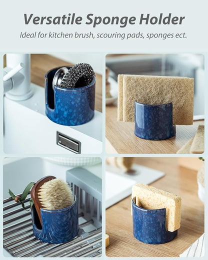 Zoeeker Kitchen Sponge Holder, Ceramic Sponge Organizer Scrubby Holder Sink Caddy Dish Rack for Kitchen and Bathroom, Farmhouse Decor, Blue