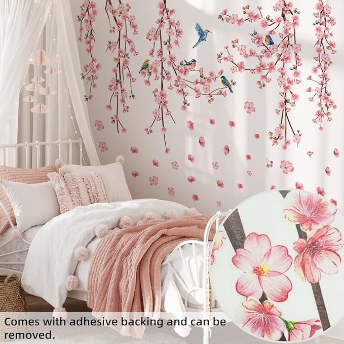9 Sheets Cherry Blossom Decor Wall Decals Peel and Stick Pink Room Decor for Girls Bedroom Large Removable Wall Stickers & Murals Vinyl Car Decals for Women Living Room Office Vine Bird Art Clings