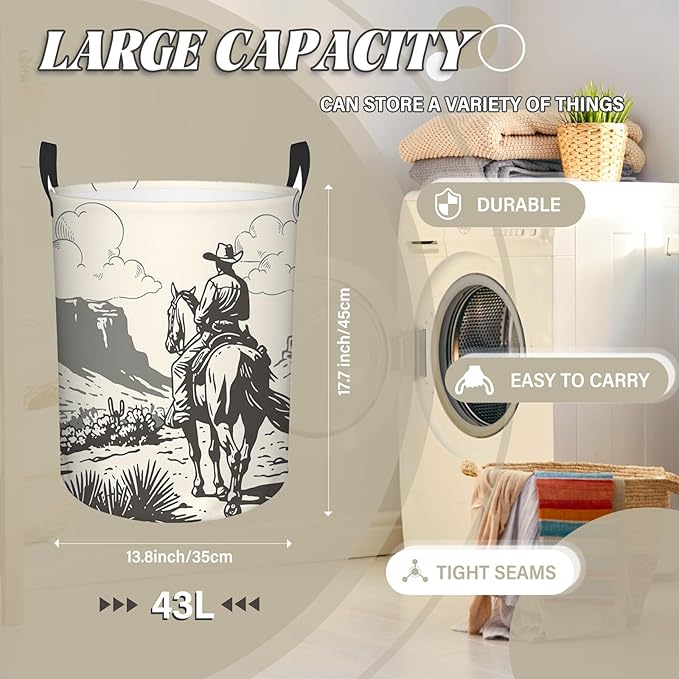 Western Cowboy Laundry Basket, Round Oxford Cloth Laundry Hamper, Waterproof Collapsible Storage Organizer Bin with Handles for Room, Nursery Home Storage, Gift for Chritsmas Thanksgiving 13.8x17.7in