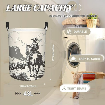 Western Cowboy Laundry Basket, Round Oxford Cloth Laundry Hamper, Waterproof Collapsible Storage Organizer Bin with Handles for Room, Nursery Home Storage, Gift for Chritsmas Thanksgiving 13.8x17.7in