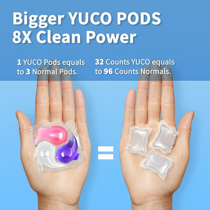 YUCO Pods Laundry Detergent Hypoallergenic, 3IN1 Super Cleaning Power, Microcapsule Fragrance Retention Technology (Floral Scent,1 Box of 32 Pod,Net 15g/pod,Net 480g)