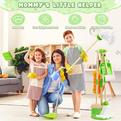 WHOHOLL Wooden Kids Cleaning Set Toddler Broom Set for Housekeeping 8 Pcs Broom and Mop Set for Toddlers 3-6, Cleaning Toys with Dustpan Sponge, Christmas Birthday Gifts for Boys Girls (Green)