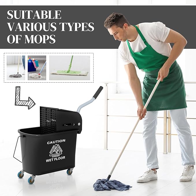 HOMCOM Commercial Mop Bucket with Side Press Wringer on Wheels for Floor Cleaning, 21 Quart, Separate Dirty and Clean Water, for Home Apartment Small Business and Office, Black