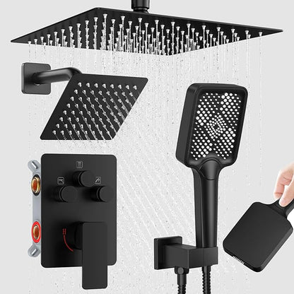 Shower Faucet Set,Matte Black Push Button Shower System with Rain Shower and Handheld,Black Shower Faucet with Valve Ceiling Mount 12 Inch Shower Head and 6 Inch Shower Head with Handheld