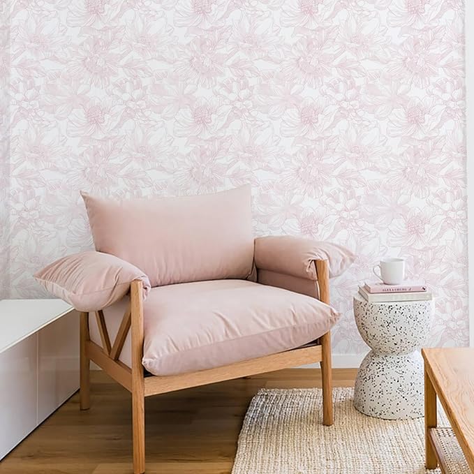 Ismoon Large Floral Peel and Stick Wallpaper Boho White/Pink Contact Paper 17.3inx32.7ft Removable Self Adhesive Bedroom Cabinet Mural Wall Decor Vinyl Roll