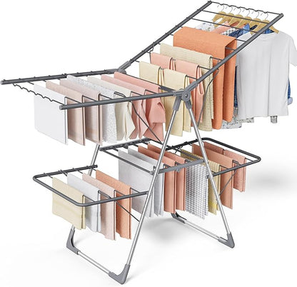 Clothes Drying Rack, Foldable 2-Level Laundry Drying Rack with Height-Adjustable Wings, for Clothing & Bedding, Free-Standing Space-Saving Rack, Indoor & Outdoor, 55.5" L × 22.8" W, Gray