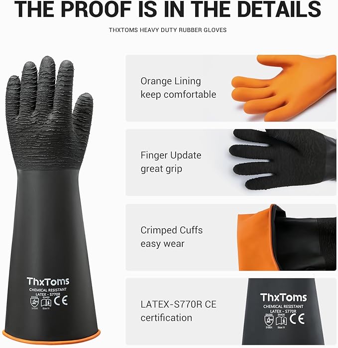 ThxToms Heavy Duty Rubber Gloves, Industrial Chemical Resistant Gloves Waterproof Reusable Protective Work Gloves for Cleaning, Dishwashing,Upgraded with Non-Slip Design, Black, 18" 1 Pair