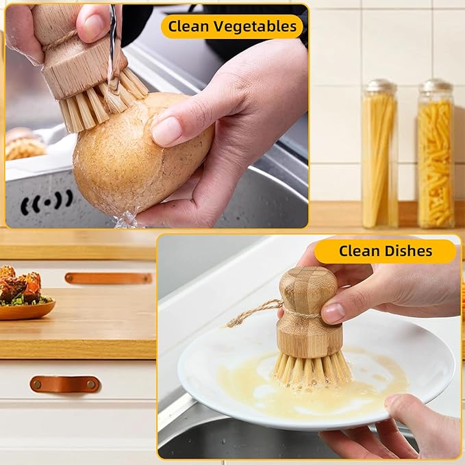 Bamboo Dish Brush,2PCS Wood Dishes Scrub Brush,Kitchen Dish Brush Natural Sisal Bristles with Hook for Cleaning Dishes,Sink, Cast Lron Pan/Pot