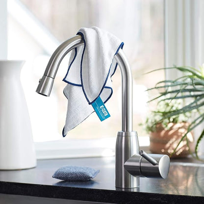 E-Cloth Wash & Wipe Dish Cloth, Premium Microfiber Cleaning Cloth, Ideal Dish Towels for Drying Dishes, Glasware, Cookware and Countertops, 100 Wash Guarantee, White with Blue Trim, 4 Count