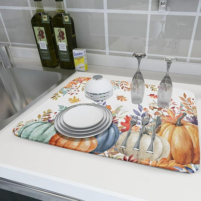 Fall Watercolor Pumpkin Dish Drying Mat 18 x 24 Inch With Absorbent Reversible Microfiber Maple Leaf Autumn Thanksgiving Harvest Drying Mats Dish Drainer Mat Fast Dry For Kitchen Dining Room Decor