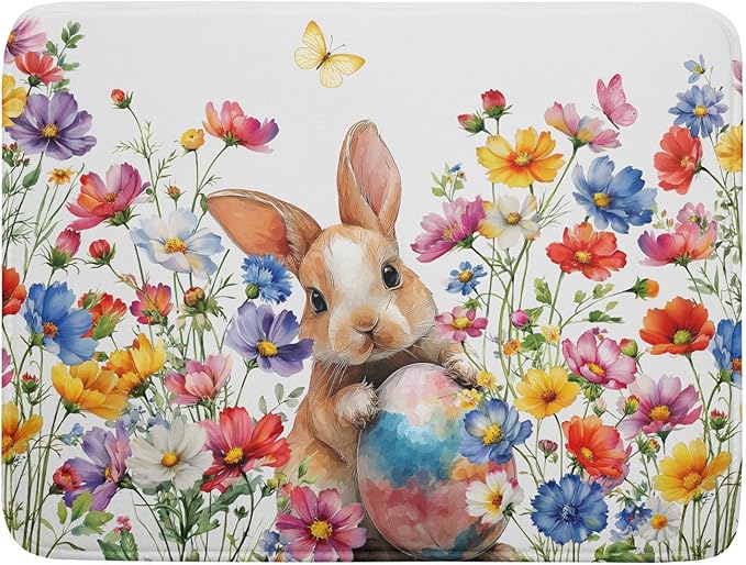 Spring Easter Rabbit Egg Dish Drying Mat for Kitchen Counter,Colorful Flowers Butterfly Drying Mat 18 x 24 Inch with High Absorbent Microfiber Drainer Mat for Coffee Bar