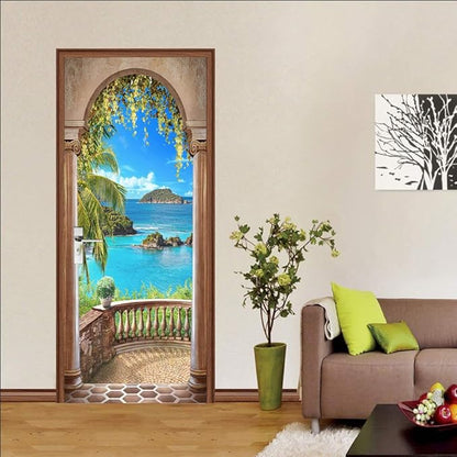 3D Door Stickers Murals - Landscape Peel and Stick Waterproof & Washable Matt Finish Tropical Style White 33.9" x 78.7" 2 Parts