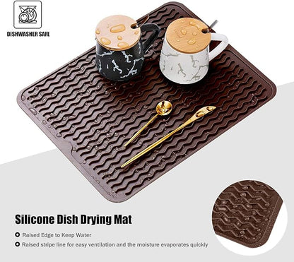 Silicone Dish Drying Mat, Non-Slip Easy Clean Sink Mat Large Heat-resistant Dish Drainer Mat for Kitchen Counter, Sink, Refrigerator or Drawer liner (18" x 16", COFFEE)