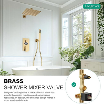 Shower Faucet Set with Hydro Power Temperature Display, Shower System Bathroom 10 Inches Shower Head with Handheld Spray, Wall Mounted Shower Fixtures with Shower Valve and Trim Kit, Brushed Gold