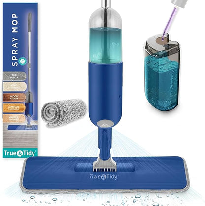 True & Tidy® SPRAY-250 Multi-Surface Spray Mop with Refillable Water Bottle for Floor Cleaning, Works on Wood, Tile, Marble etc, Use Any Cleaning Solution, Machine Washable Microfiber Mop Pads, Navy