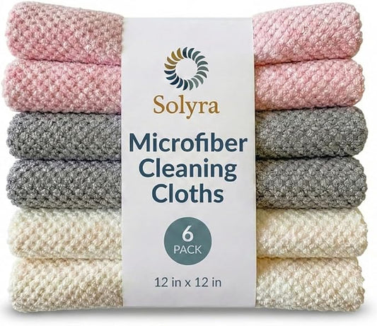Oeko-Tex Certified Microfiber Cleaning Cloths – Non-Toxic, Safe for Family & Pets – 6 Pack Kitchen Rags for Counter – 12x12 in, Lint-Free, Absorbent Dish Towels, Dusting Cloths