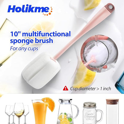 Holikme Bottle Brush Tube Cleaning Lab Set with Long Handle, Cup Cleaner for Washing Narrow Neck Beer Wine Decanter Pipes Lids Sinks Cap Covers, Pink
