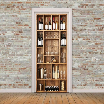 3D Door Wallpaper Self-Adhesive Sticker - Wine Cabinet Film Poster Premium PVC Waterproof Wall for Bedroom Living Room Decoration 95 x 200 cm