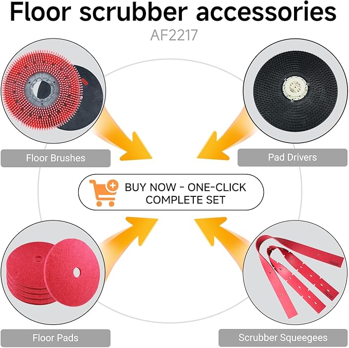 Consumable Supply Bundle for AF2217 Walk-Behind Scrubber - Includes 21" Brush, 21" Pad Driver, 33" Squeegee Blades & 5-Pack 22" Red Pads