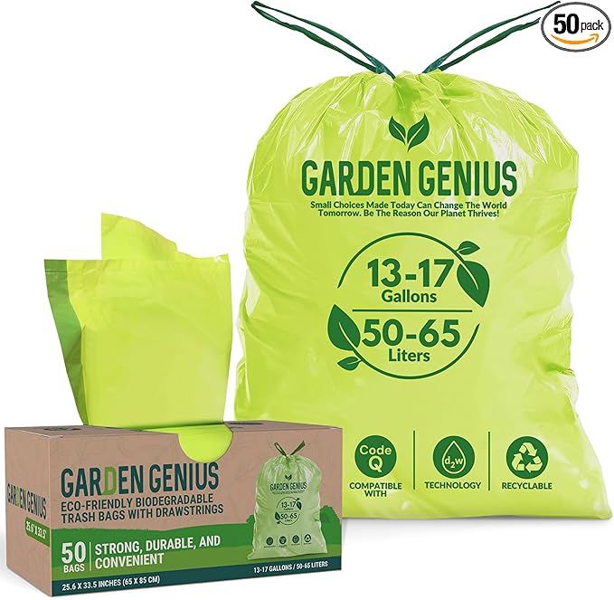 Biodegradable 13-17 Gallon Code-Q Trash Bags (50 Pack) | Strong Heavy-Duty Tall Green Kitchen Bags w/Drawstring | Fits Simplehuman & Standard Cans | Eco-Friendly D2W, 30 Micron Thick | 25.6" x 33.5"