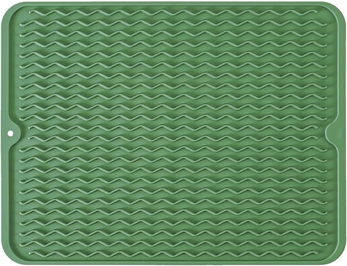 Large 24" x 18" Silicone Dish Drying Mat for Kitchen Counter, Easy clean, Quick Dry, Heat-resistant Dish Drainer Mat for Sink,Refrigerator or Drawer liner (Food Grade Silicone-Dark Green)