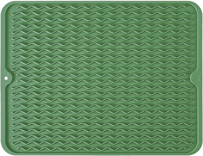 Large 24" x 18" Silicone Dish Drying Mat for Kitchen Counter, Easy clean, Quick Dry, Heat-resistant Dish Drainer Mat for Sink,Refrigerator or Drawer liner (Food Grade Silicone-Dark Green)