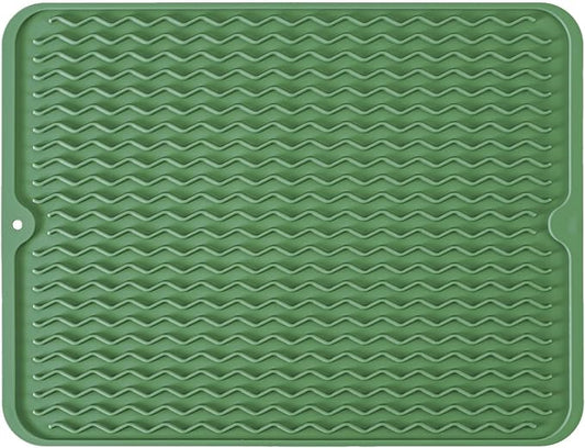 Silicone Dish Drying Mat for Multiple Usage, Easy clean, Eco-friendly, Heat-resistant Dish Drainer Mat for Kitchen Counter,Sink,Refrigerator or Drawer liner (16" x 12", Dark Green)