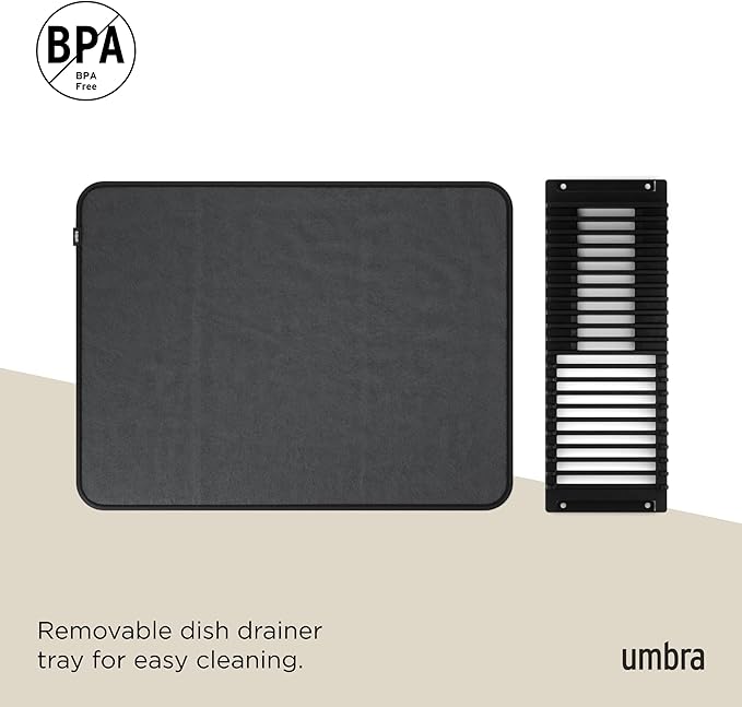 Umbra Udry Dish Rack and Microfiber Drying Mat – Space-Saving Design Folds Up for Easy Storage, Basic Rack, Black