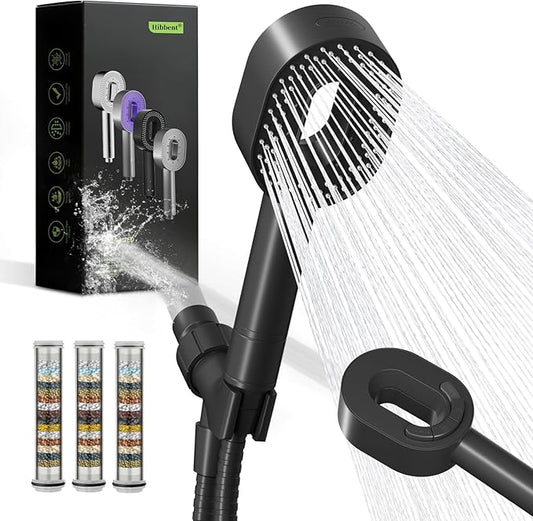 Hibbent Filtered Showerhead with handheld, High Pressure 5 Sprays Shower Head, Anti-clog Nozzles, Brass Holder & 71" Metal Hose, 3 Water Softener Filter Remove Chlorine, Reduce Dry Itchy Skin, Black