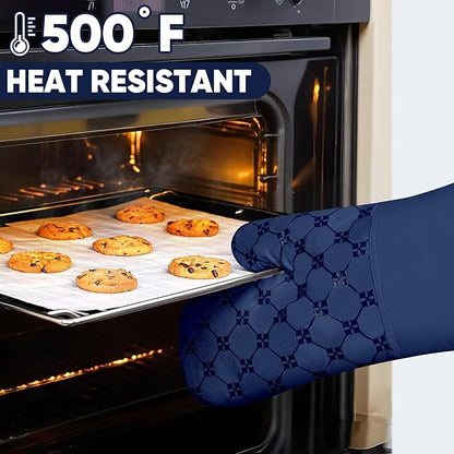 Oven Mitts Kitchen Towels Dishcloths with Pot Holders Sets 12PCS,Dish Towels Sets,Oven Gloves Pot Pads Heat Resistant 500 Degrees with Non-Slip Silicone Surface for Cooking Baking Grilling-Marine Blue
