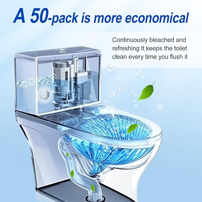 Automatic Toilet Bowl Cleaner Tablets - 50 Pack, Bleach Free, Descale & Deodorize, Septic-Safe, Continuous Cleaning with Fresh Scent, Drop-In Tank Cleaner for All Toilets get a fresher bathroom