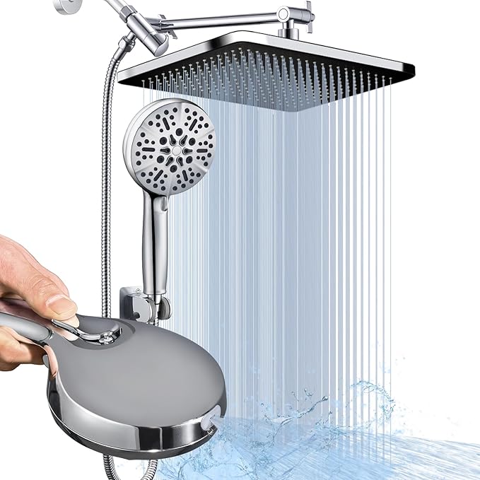 Handheld Shower Combo, 14 Inch Rainfall Shower Head and 8 Handheld Spray with Power Wash, Wide Square Shower Head for Full Body Coverage and Adjustable Extension Arm,Bath Upgrade CP,Chrome