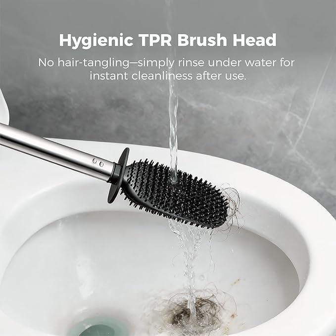 Silicone Toilet Brush Holder Set,TPR Toilet Bowl Brush with Long Stainless Steel Handle and Flexible Bristles,Deep Cleaning & No-Scratch Toilet Scrubber, Sleek Toilet Brush with Weighted Base (2, SS)