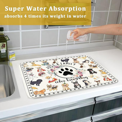 Dog Family Dish Drying Mat Cartoon Pet 18 X 24 in Absorbent Printed Drying Pad for Dog Lover