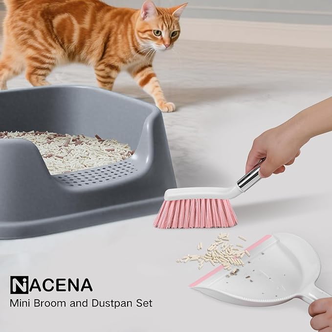 NACENA Mini Broom and Dustpan Set 2 Packs, Small Dust Pan and Brush Set with Handle Dustpan Teeth for Cleaning Hair Suitable for Office Desks Drawers Sofas Outdoor Camping, Pink