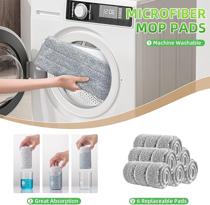 Mop and Bucket Set: 360° Flat Squeeze Mop with Long Handle & Wringer Bucket, 6 Washable Microfiber Pads for Kitchen, Bathroom, Wall Cleaning, Wet Dry Use, Lovely Gift for Women
